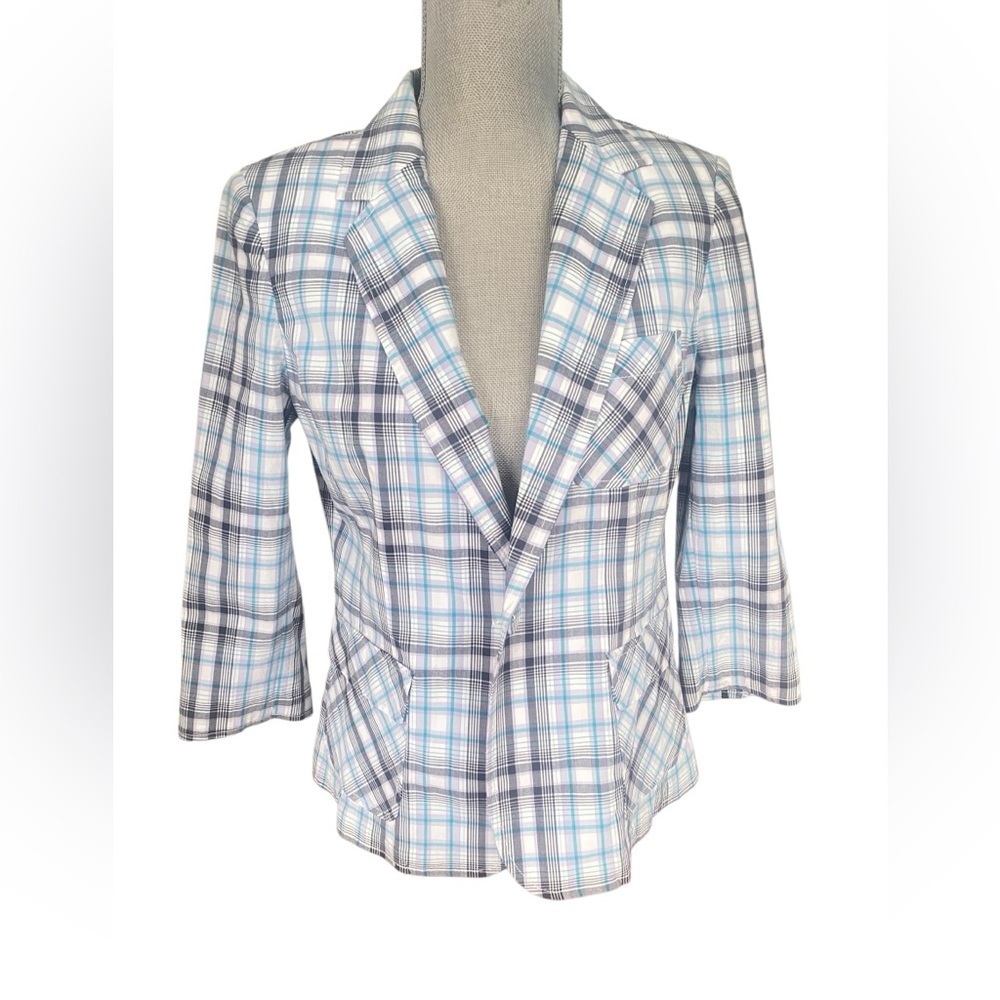 Talbots 12P Blue and Gray Plaid Blazer with Notched Lapels NWOT